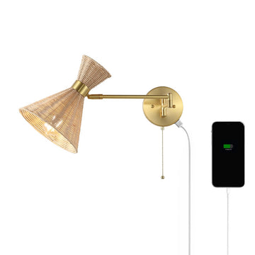 Lily 25" 1-Light Mid-Century Vintage Retro Rattan/Metal USB Charging Swing Arm LED Sconce with Pull Chain - JONATHAN Y